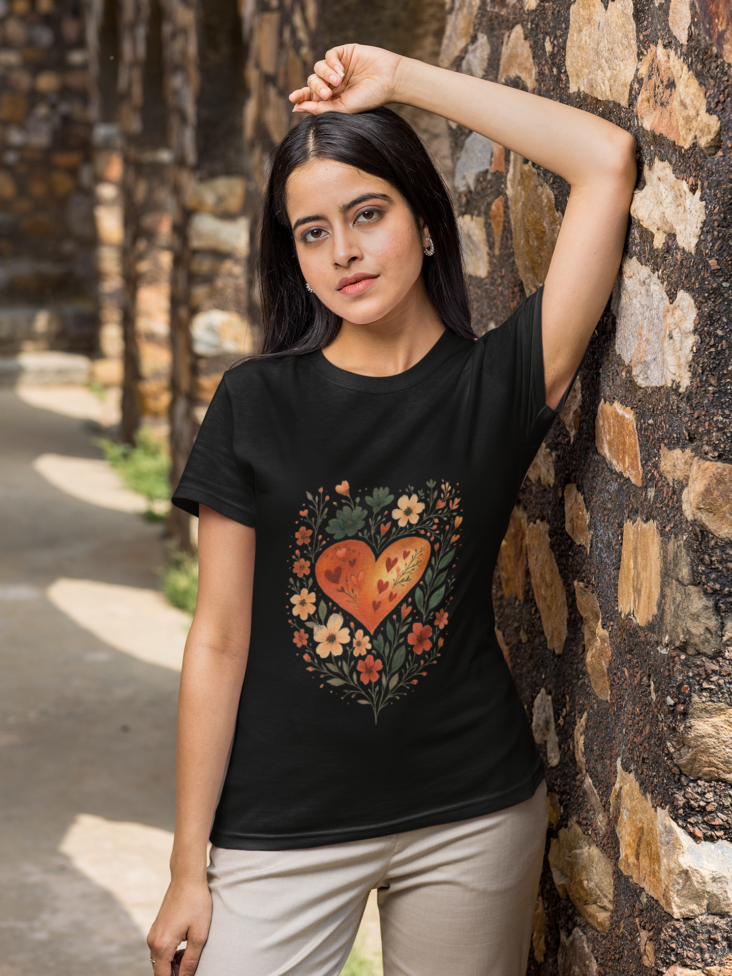 Botanical Heart Crew Neck T-Shirt for Women