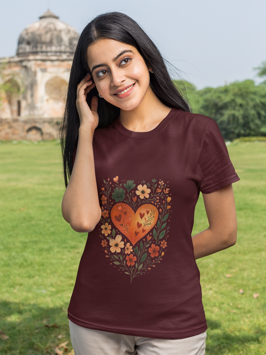Botanical Heart Crew Neck T-Shirt for Women
